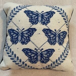 NWT Blue & White Butterfly Print Needlepoint Pillow